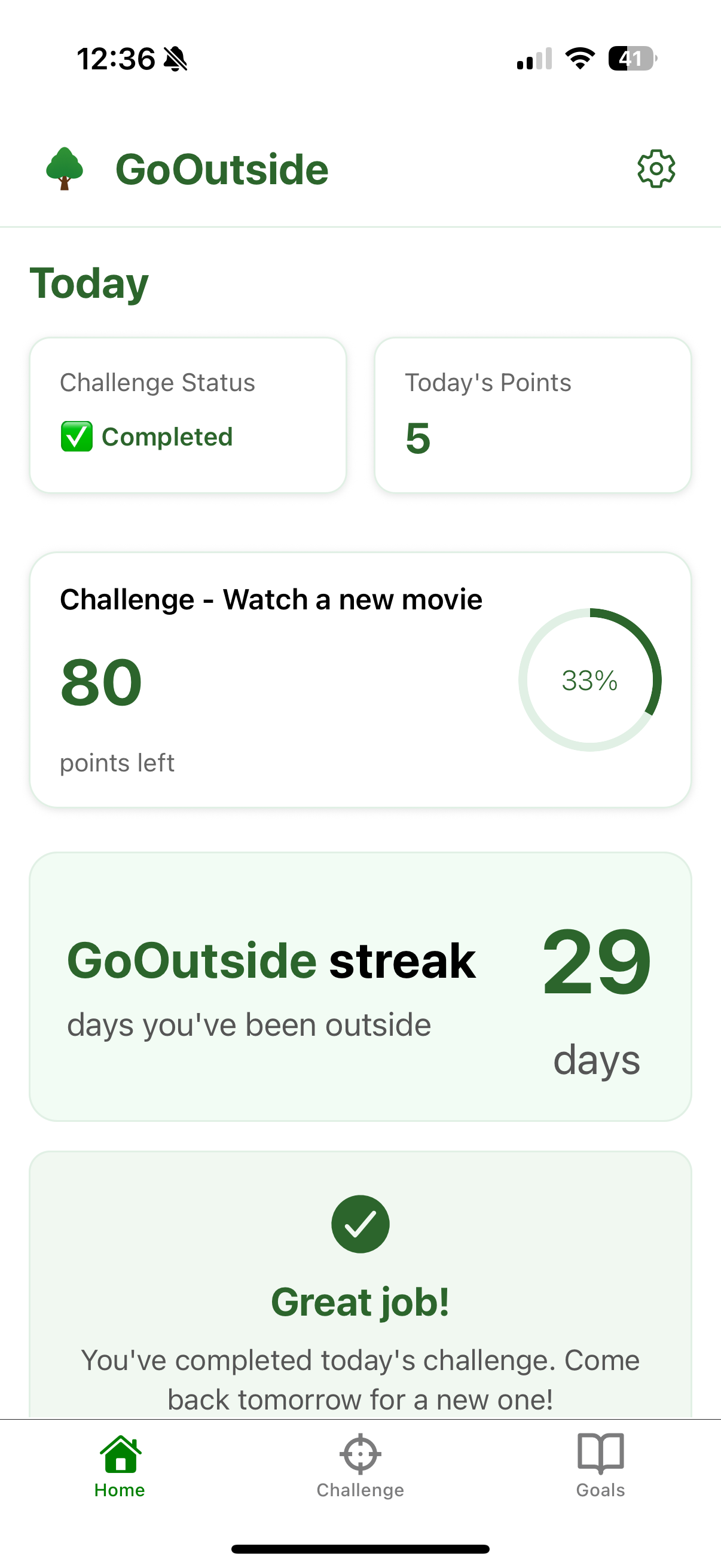 GoOutside app home screen